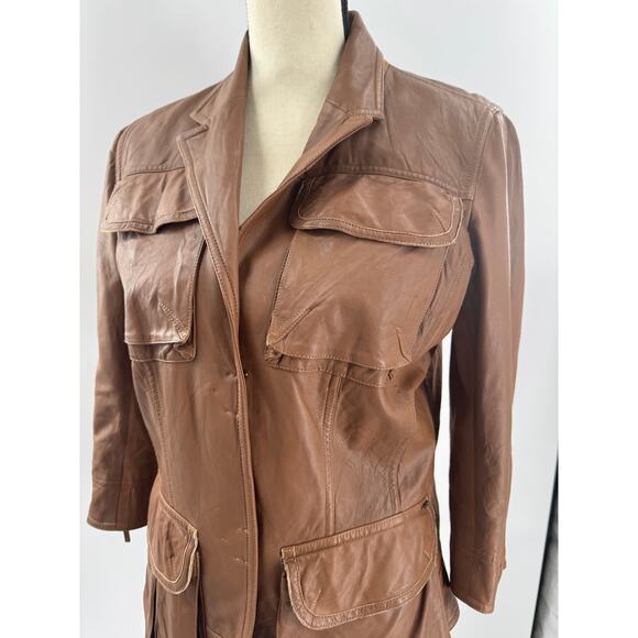9/15 Exclusively for Saks Fifth Ave Brown Leather Utility Jacket Blazer 10 M - Picture 4 of 16